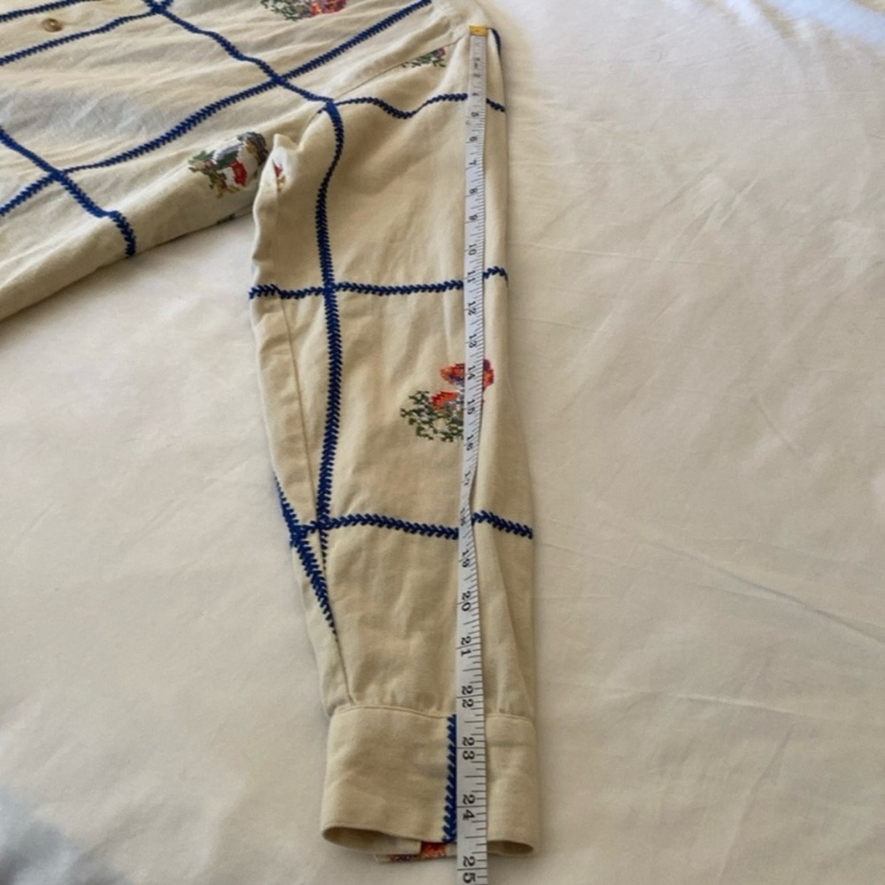 Urban Outfitters Flannel Cream Checkered Shirt with Embroidered Mushrooms - Picture 2 of 11